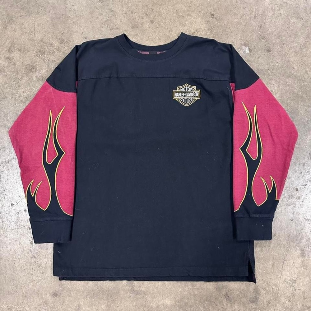 Men's Harley Davidson Embroidered Long Sleeve Shirt Flames Sleeve Hit Size Large
